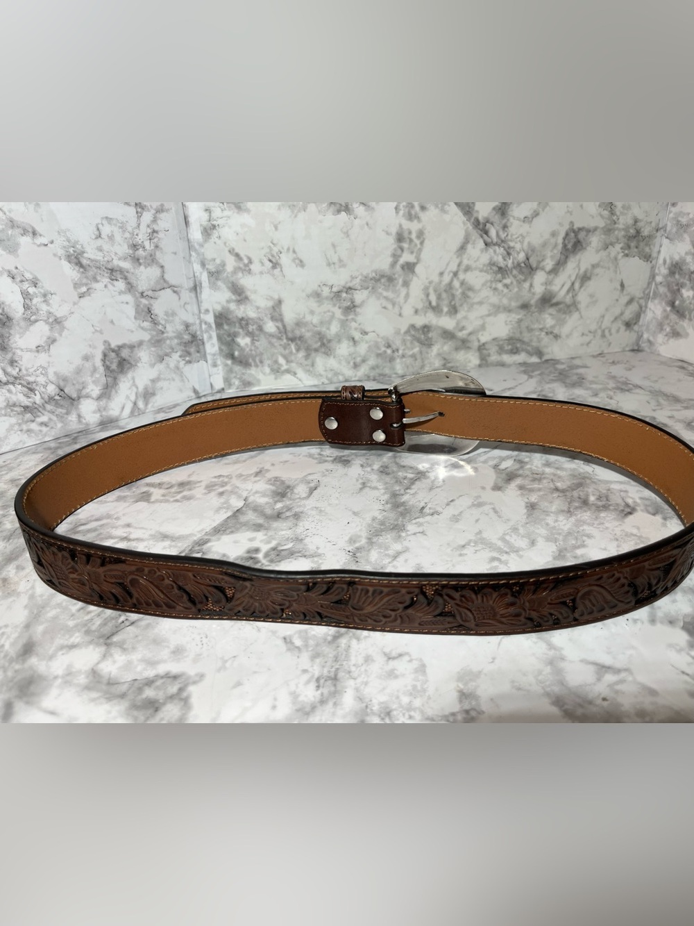 Nocona Brown Tooled Leather Belt with Ornate Silver Buckle - Picture 5 of 12